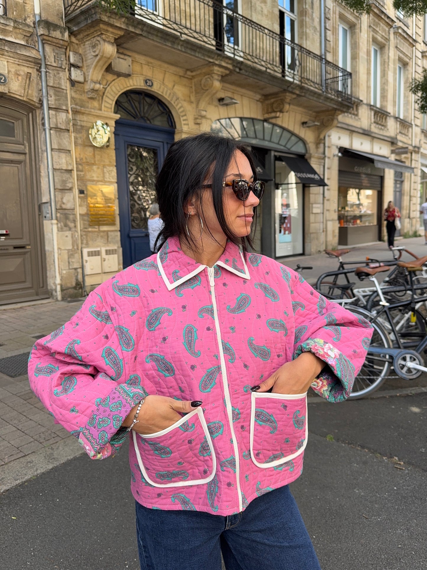 Veste upcyclée matelassée rose à motif