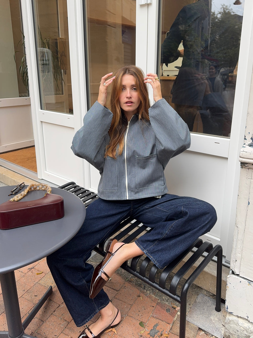 Veste denim à rayures poches plaquées