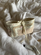 Trousse upcyclée matelassée écrue fleurie et marron clair