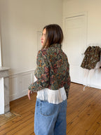 Upcycled patterned cropped jacket with fringe