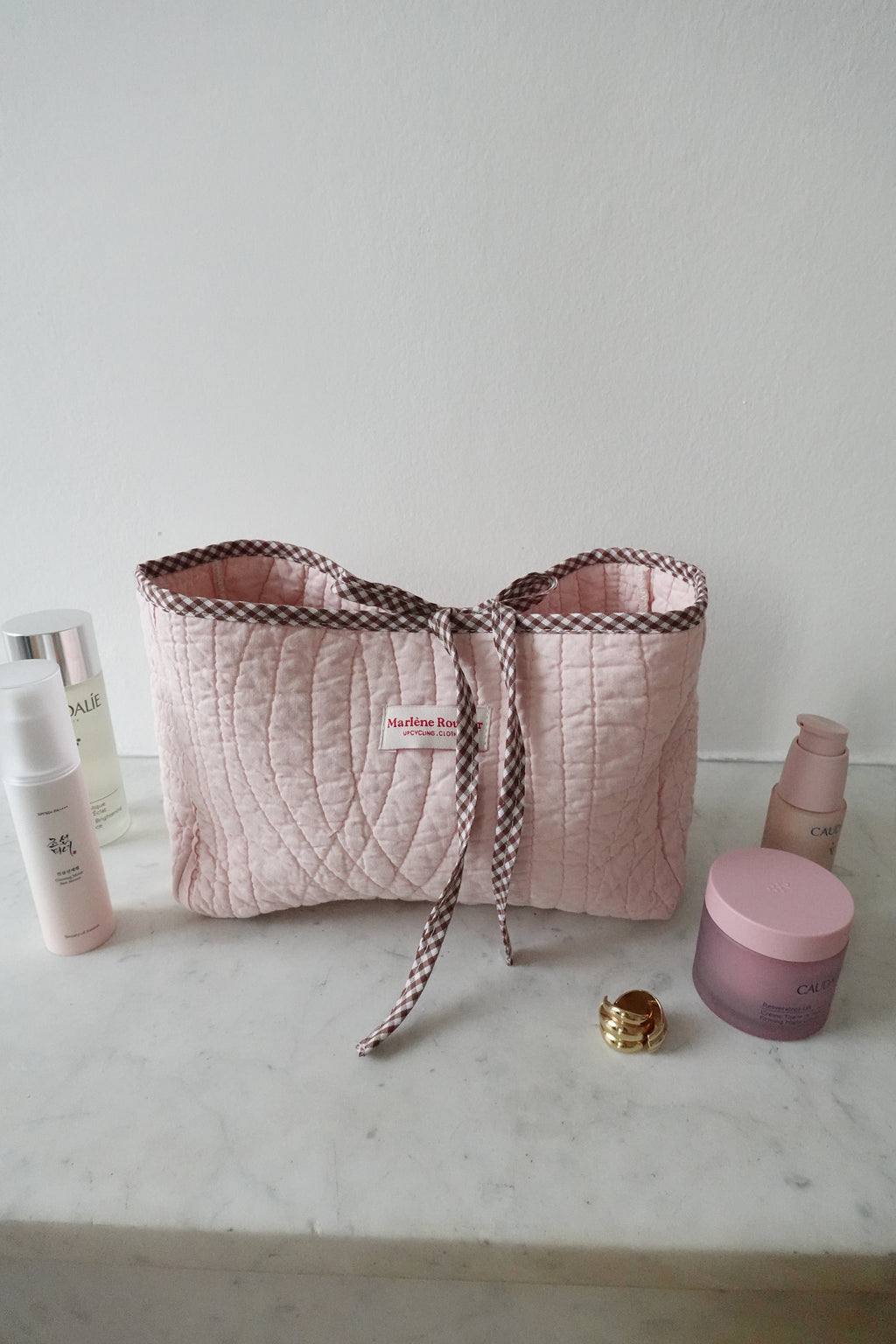 Trousse upcyclée matelassée rose clair