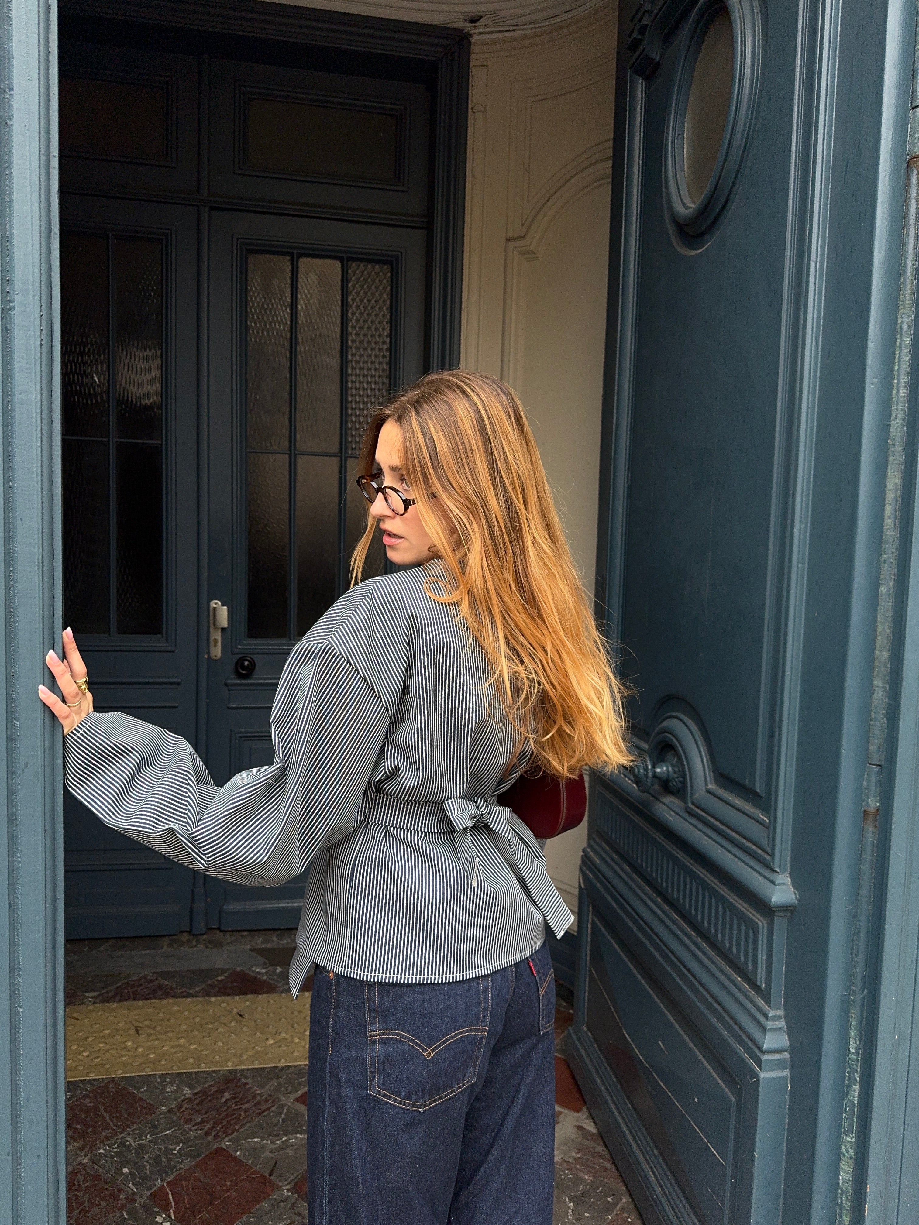 Kimono denim marine à rayures