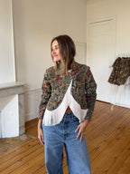 Upcycled patterned cropped jacket with fringe