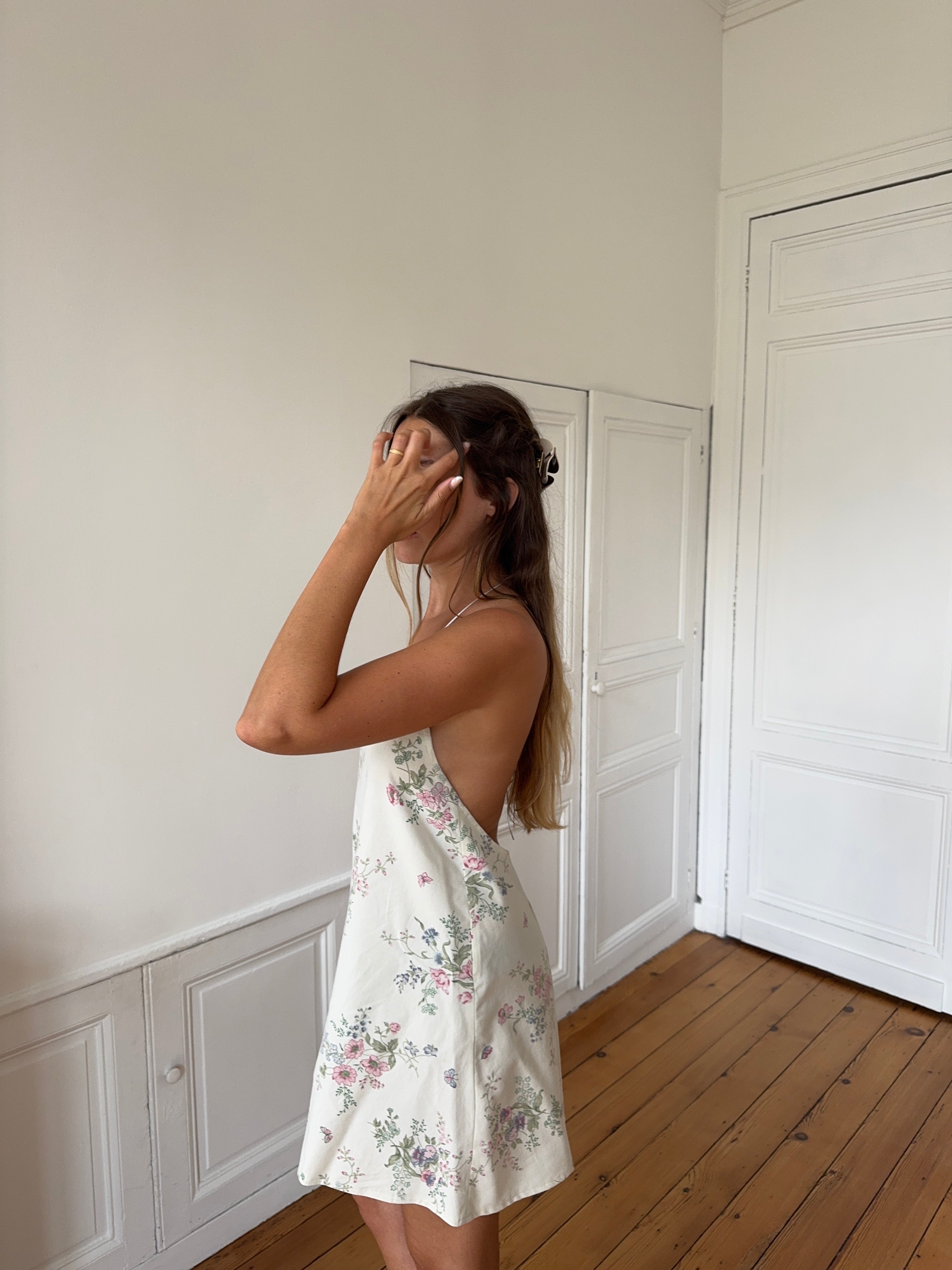 Robe dos nu upcyclée crème à motifs - XS/S