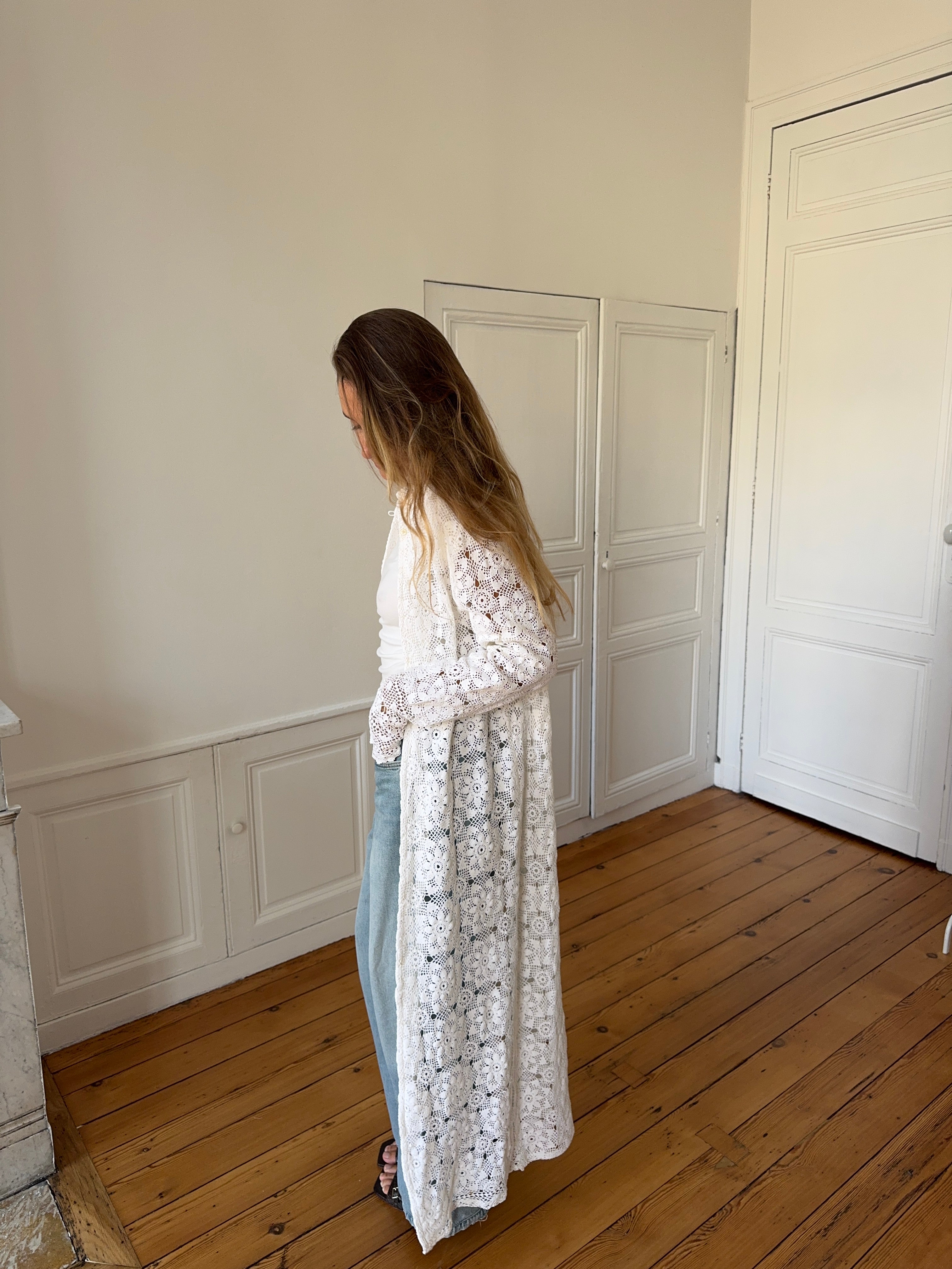 Veste longue upcyclée blanche - M