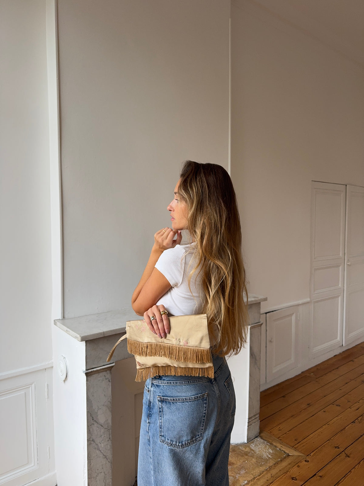 Cream satin upcycled pouch with fringe