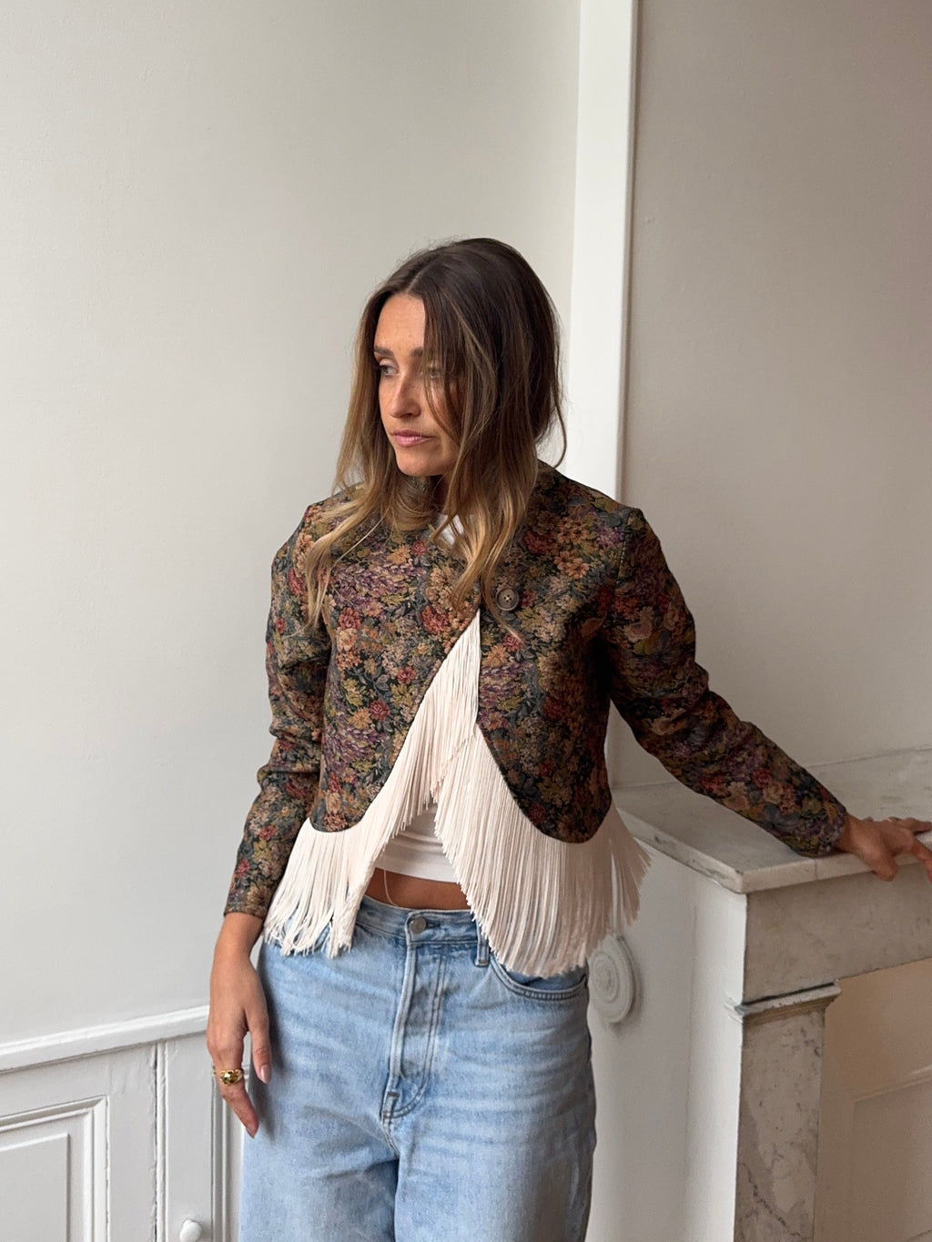 Upcycled patterned cropped jacket with fringe