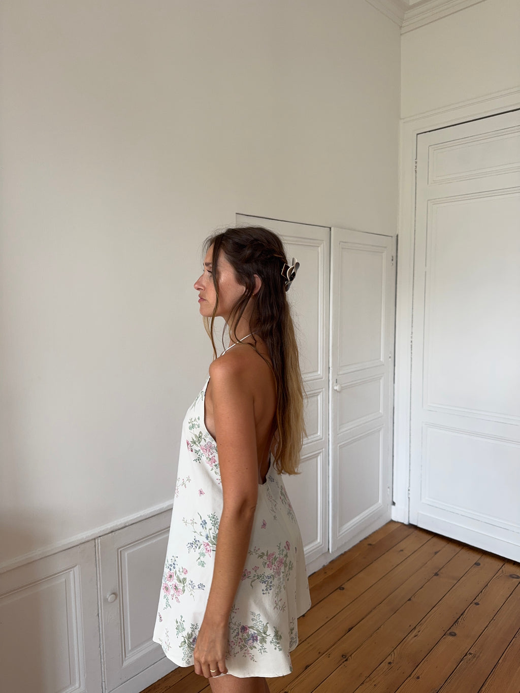 Robe dos nu upcyclée crème à motifs - XS/S