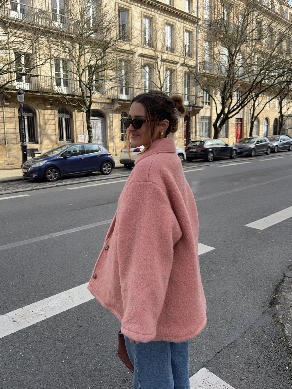 Manteau upcyclé laine rose foncé vintage