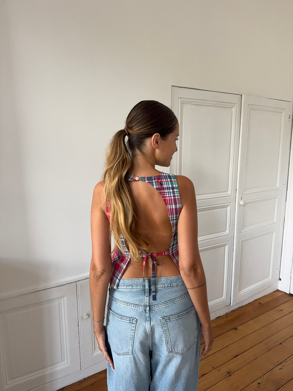 Top dos nu upcyclé à carreaux - S