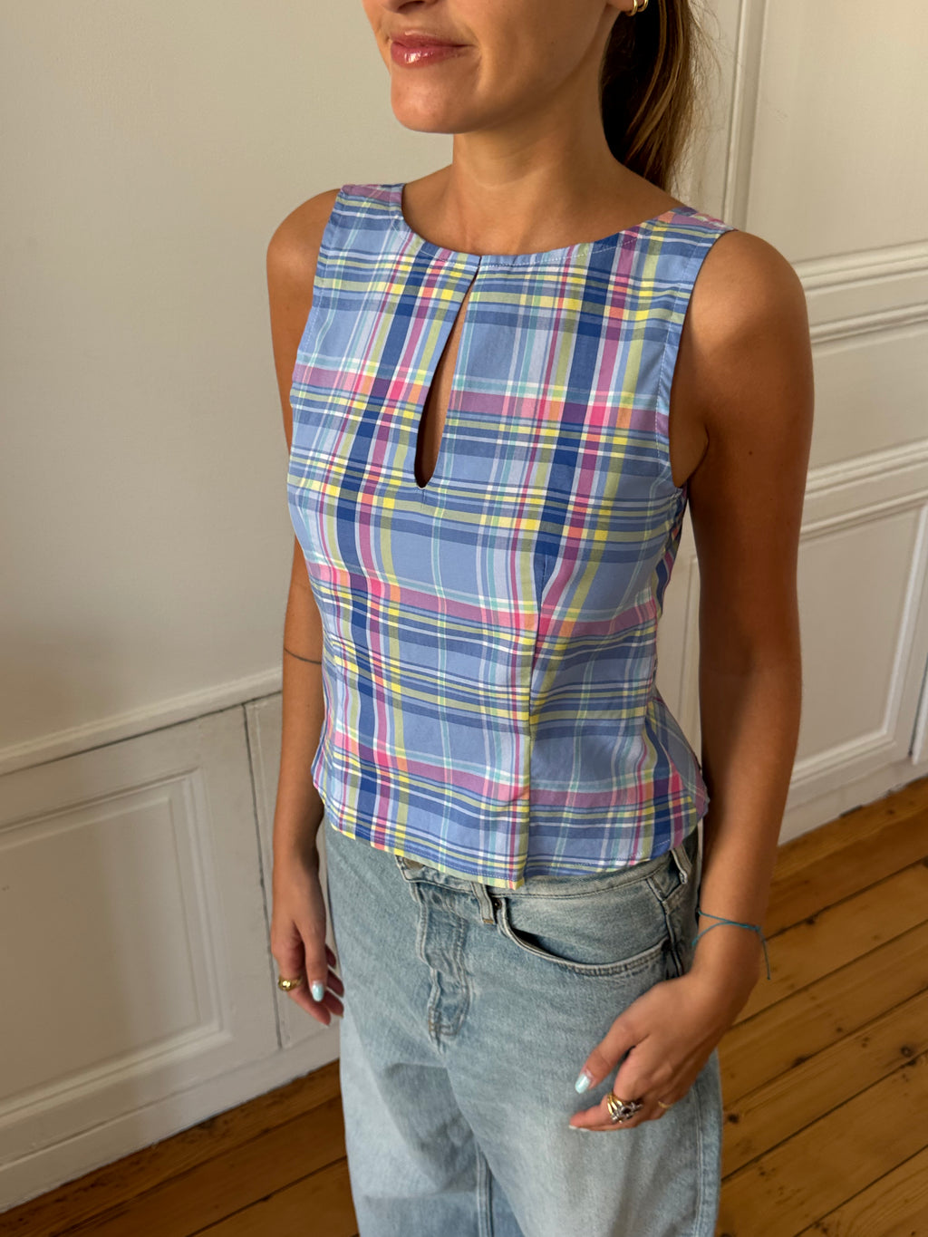 Top dos nu upcyclé bleu à carreaux - S