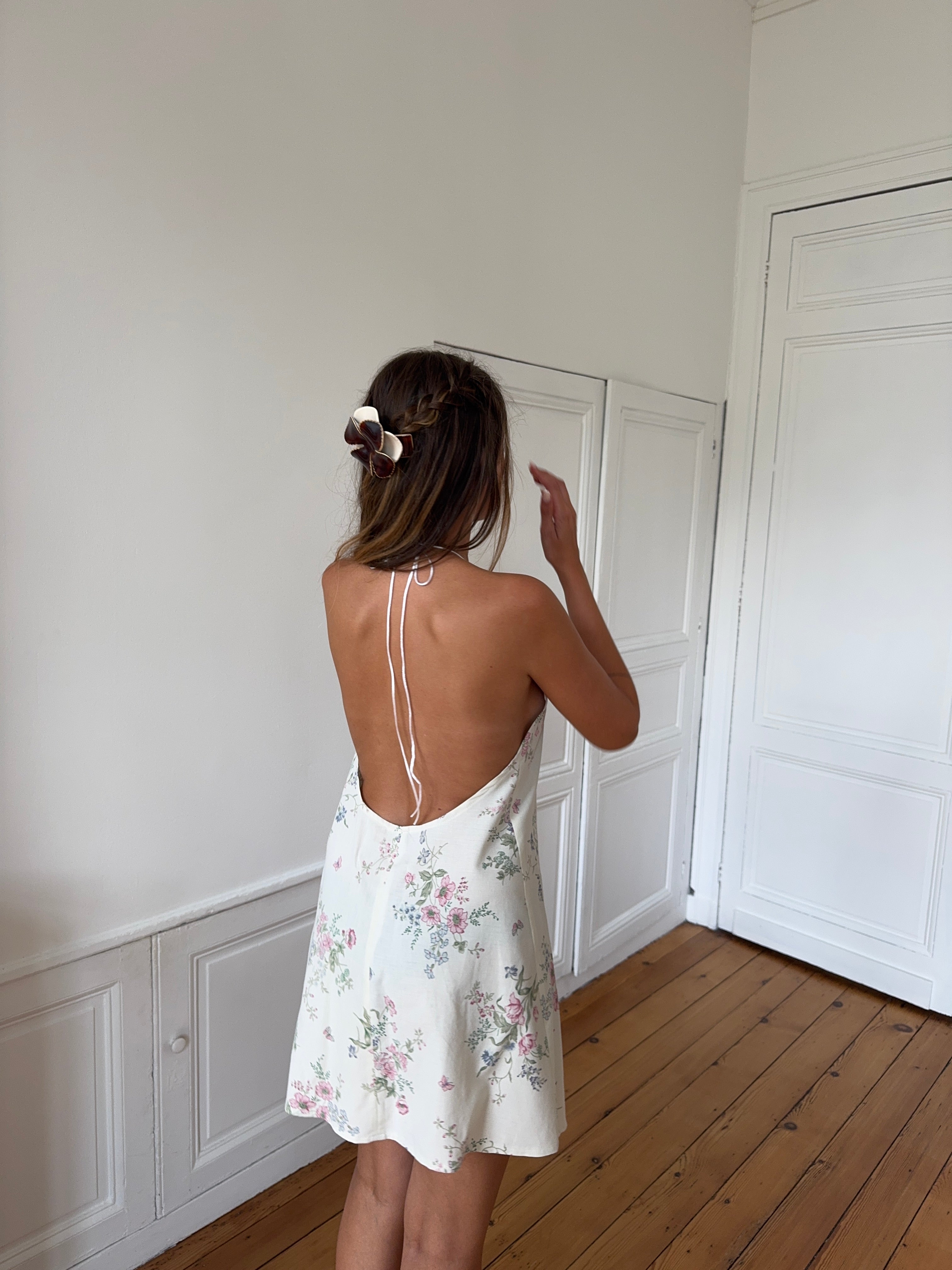 Robe dos nu upcyclée crème à motifs - XS/S