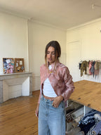 Veste courte upcyclée satinée rose - M