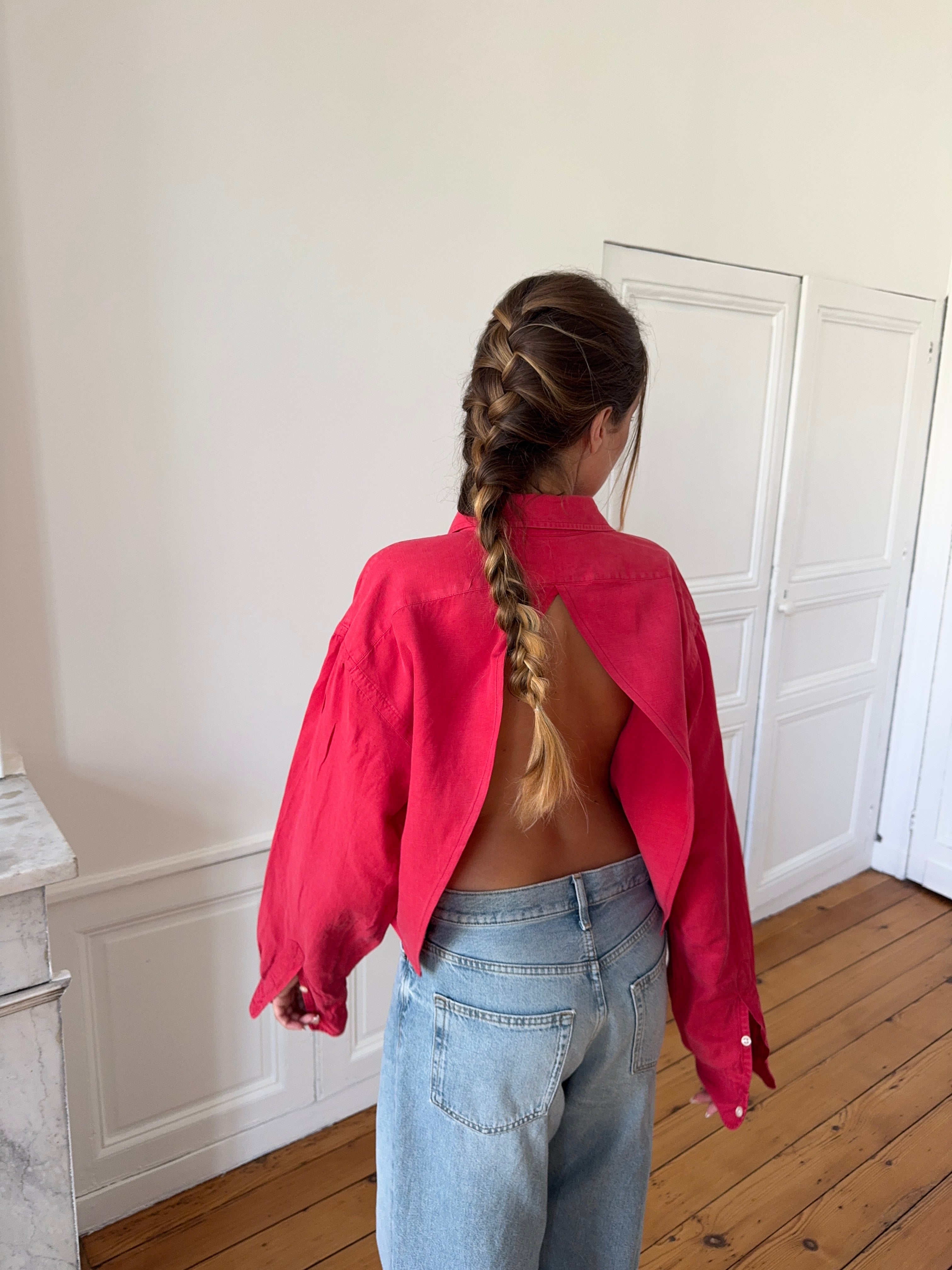 Chemise upcyclée dos nu soie/lin rouge - S/M