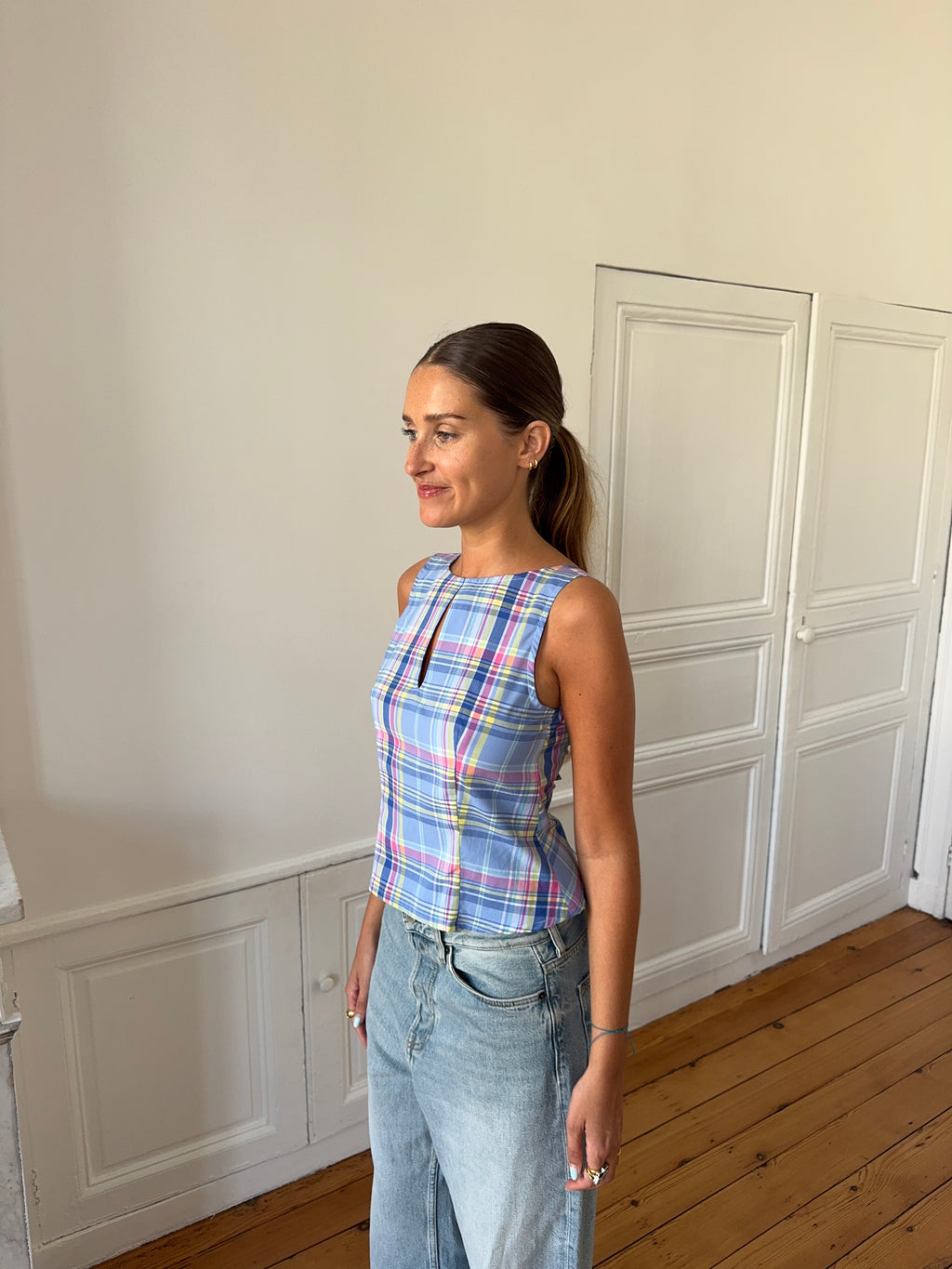 Top dos nu upcyclé bleu à carreaux - S