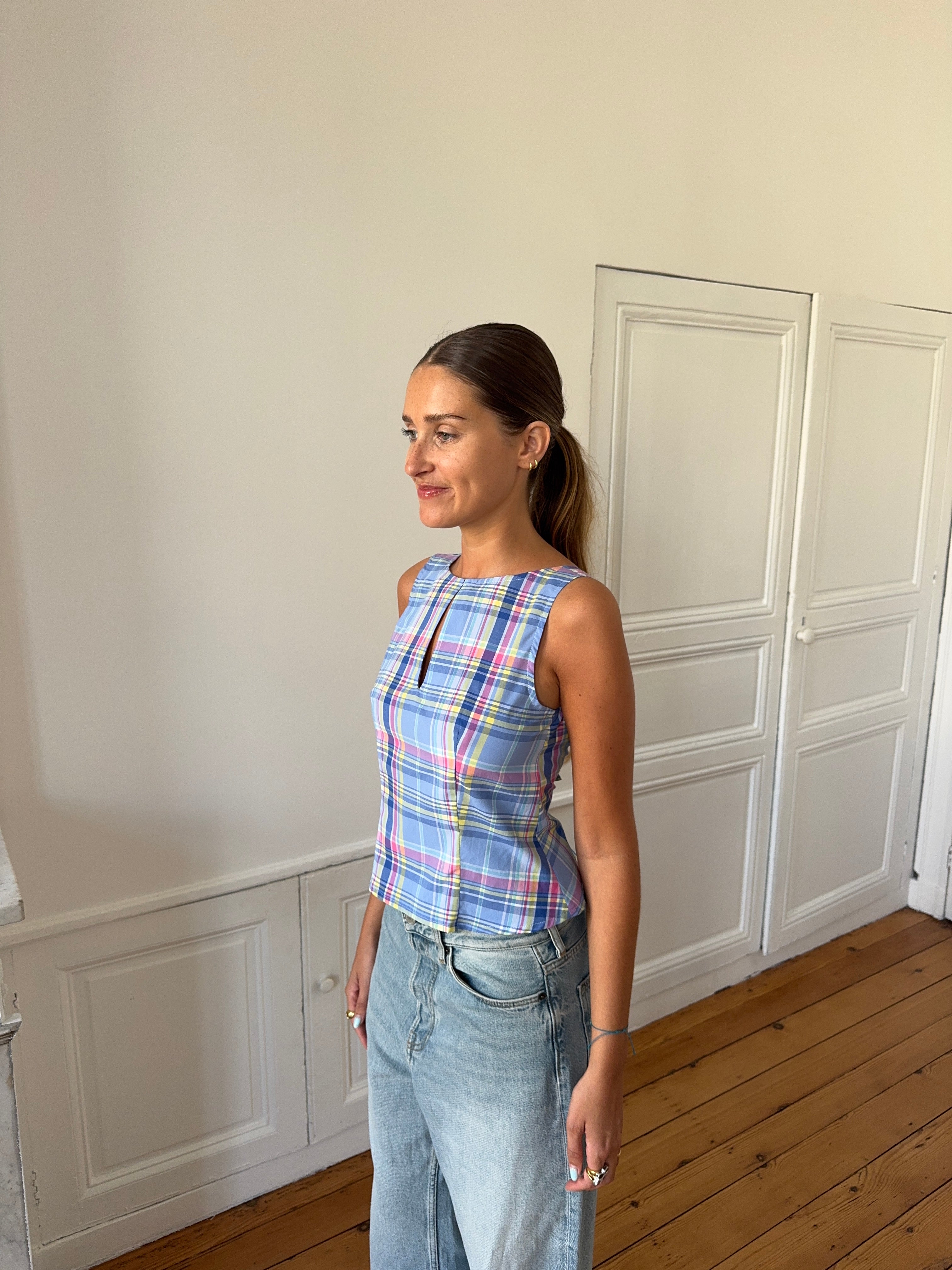 Top dos nu upcyclé bleu à carreaux - S