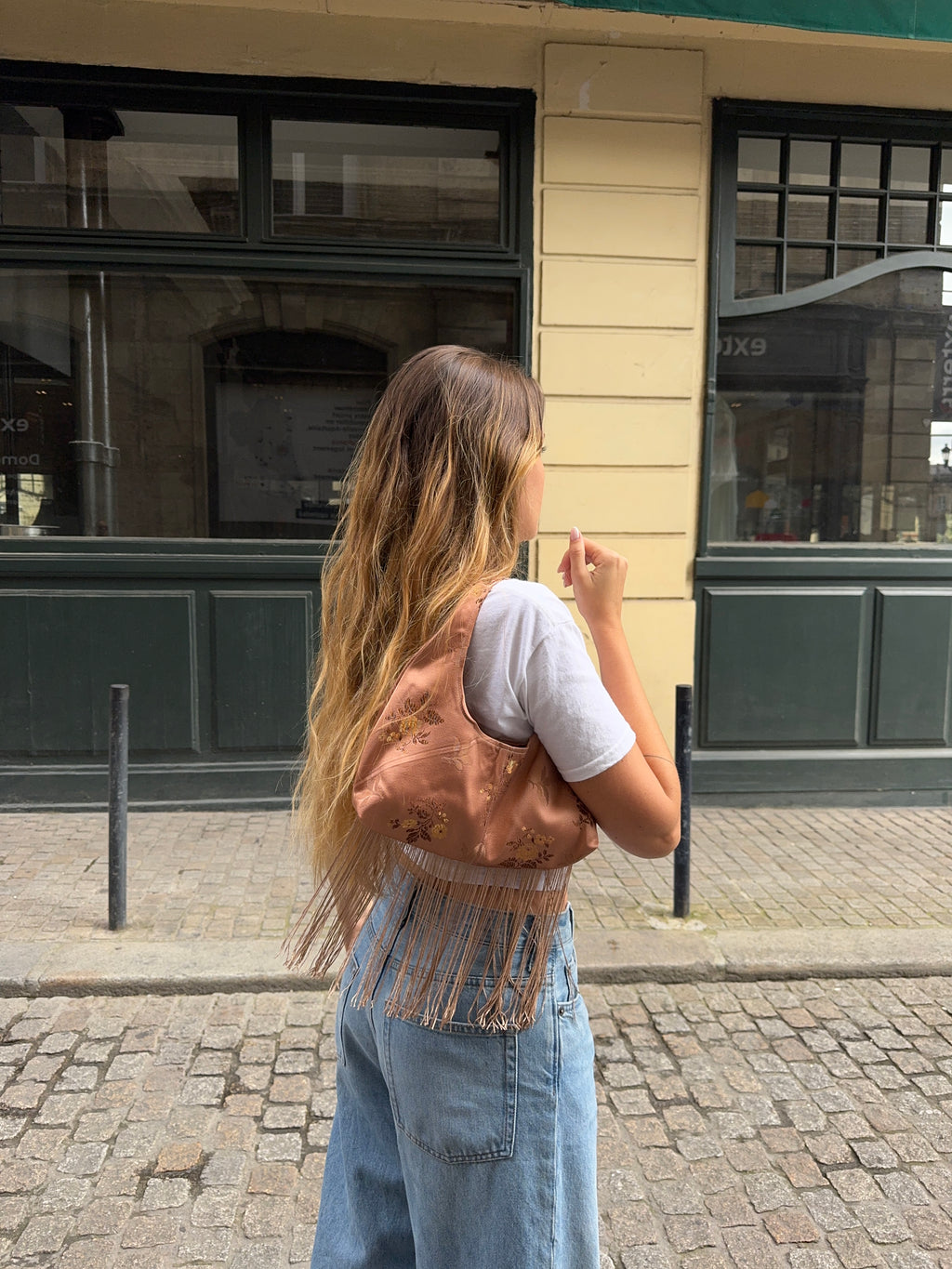 Sac upcyclé satiné cuivré à motifs et franges vintage - petit