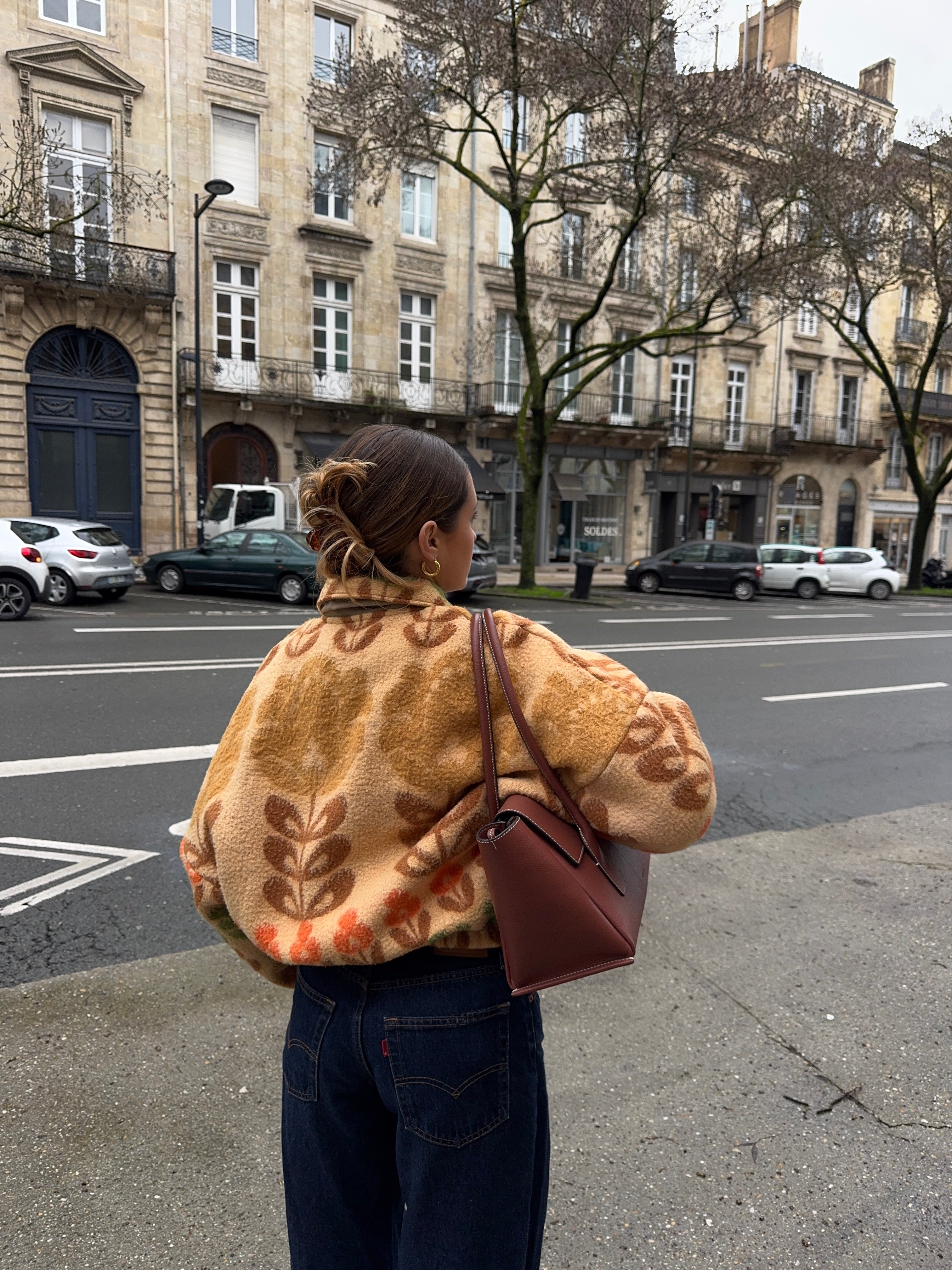 Bomber upcyclé laine beige à motifs colorés vintage