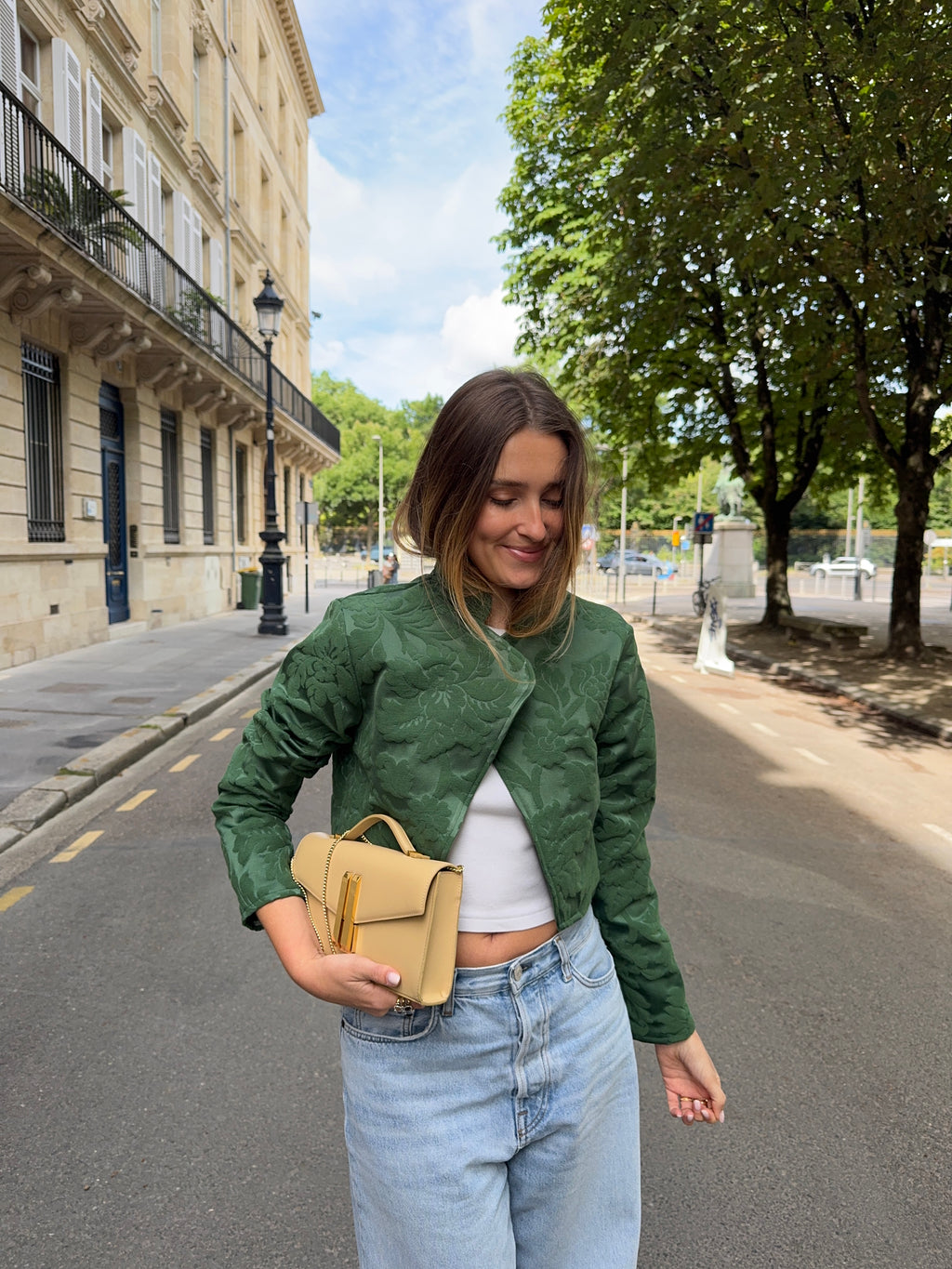 Veste courte upcyclée verte à motifs vintage