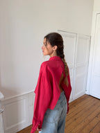 Chemise upcyclée dos nu soie/lin rouge - S/M