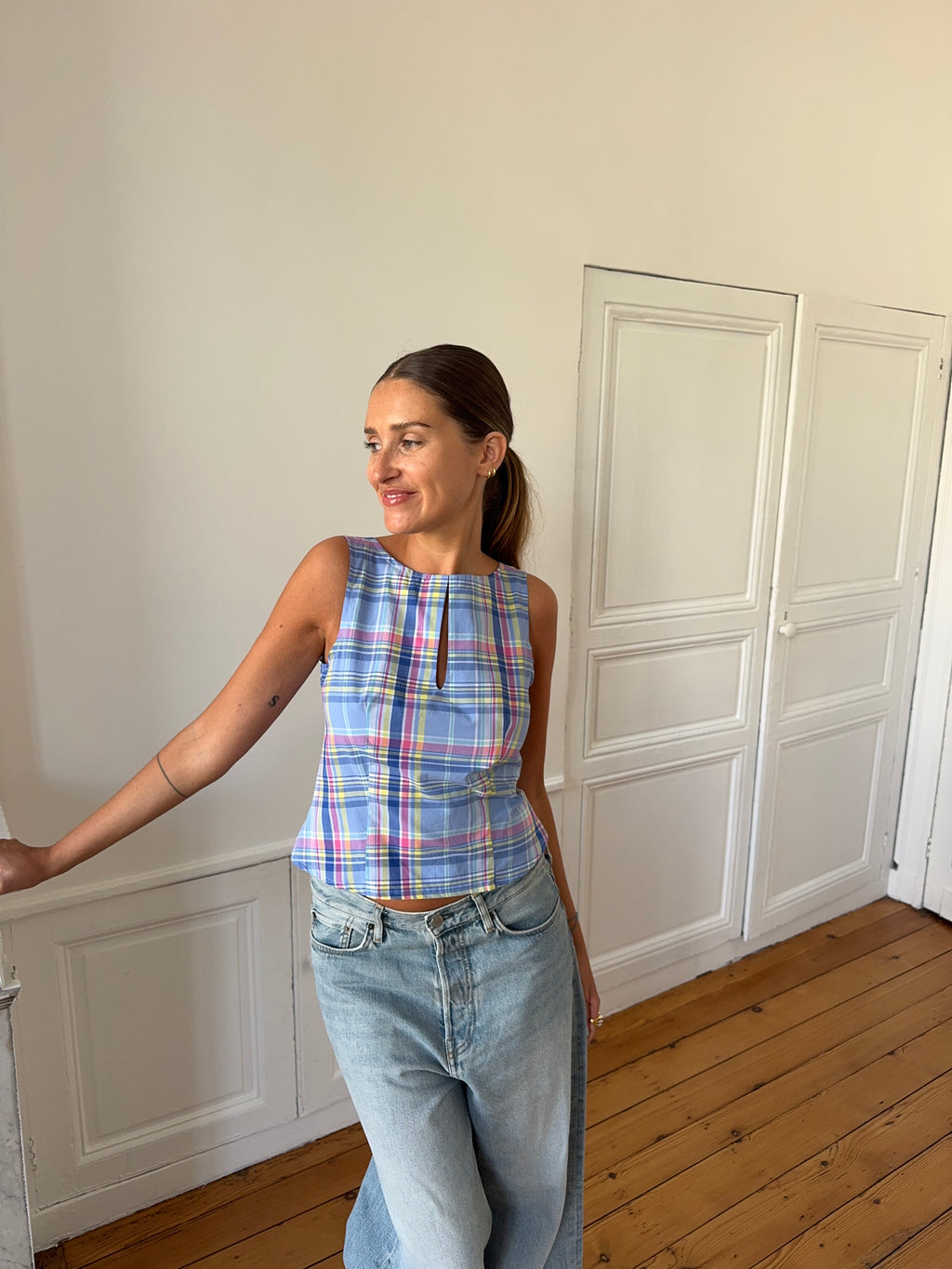 Top dos nu upcyclé bleu à carreaux - S