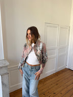 Veste courte upcyclée à motifs et franges