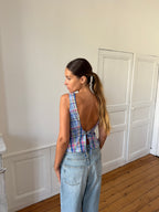 Top dos nu upcyclé bleu à carreaux - S