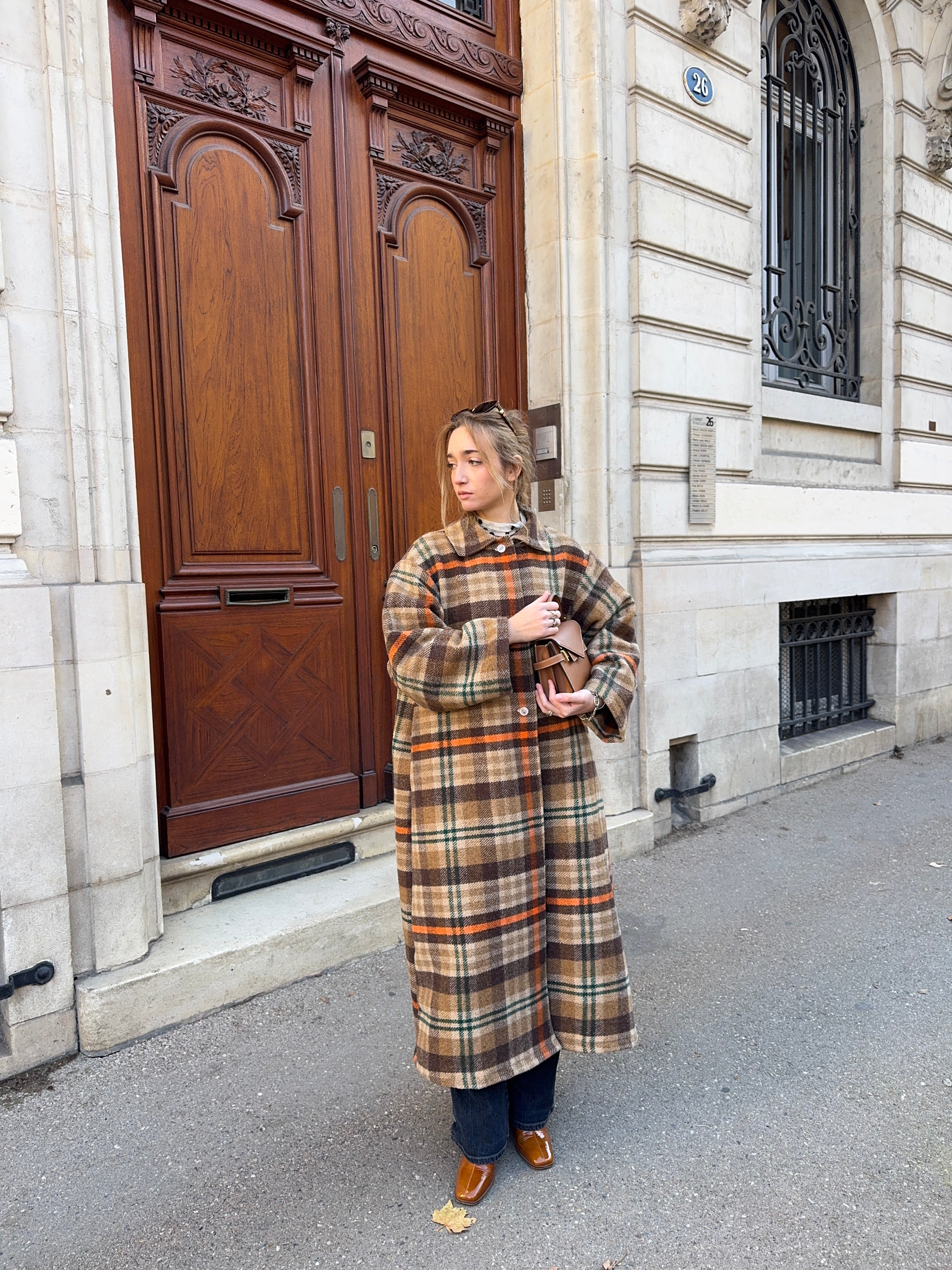 Manteau long upcyclé laine à carreaux vintage