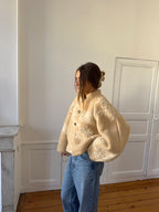 Veste upcyclée laine beige à motifs - T2