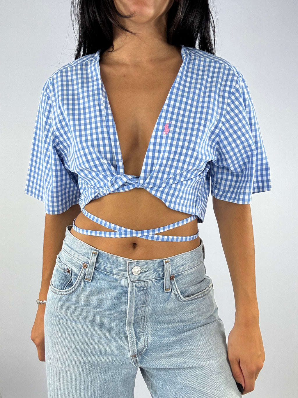 Chemisette upcyclée cache-cœur vichy bleu