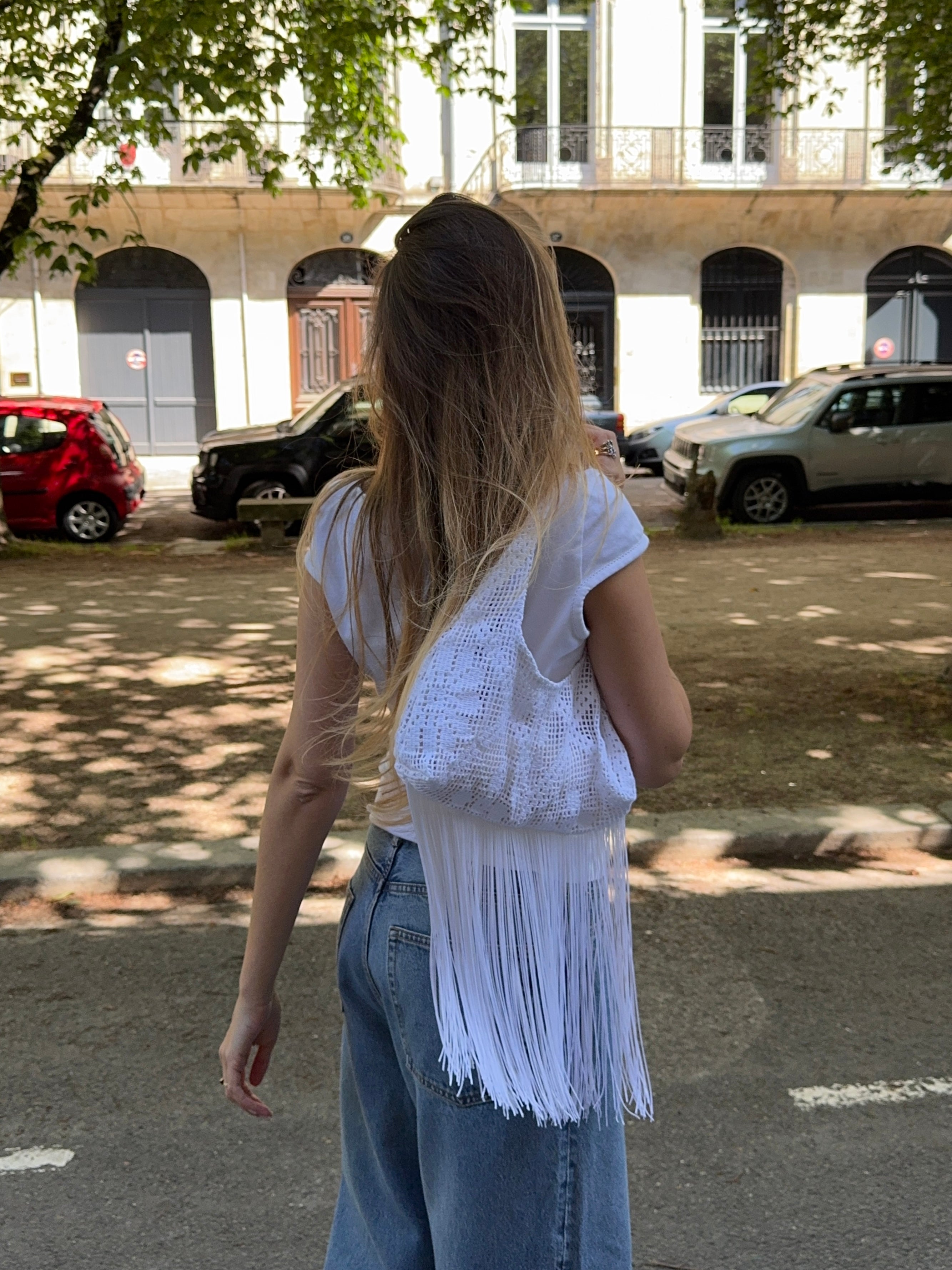 Sac upcyclé blanc à motifs et franges vintage - petit