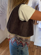 Sac upcyclé cuir nubuck chocolat et perles vintage - petit