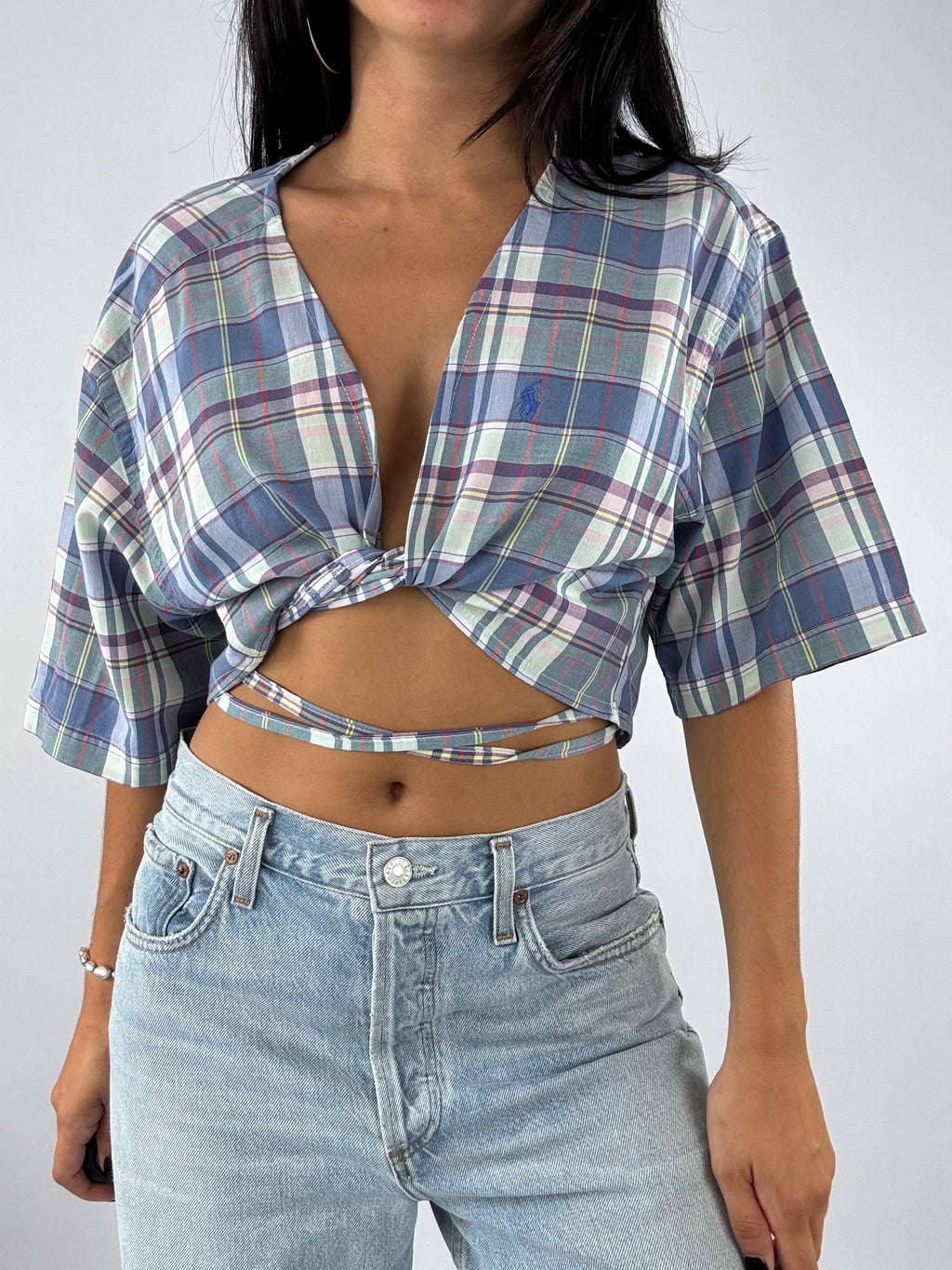 Chemisette upcyclée cache-cœur à carreaux