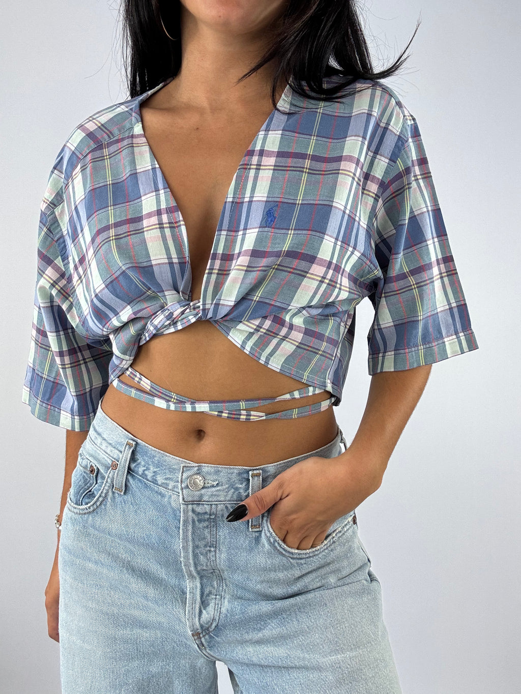 Chemisette upcyclée cache-cœur à carreaux