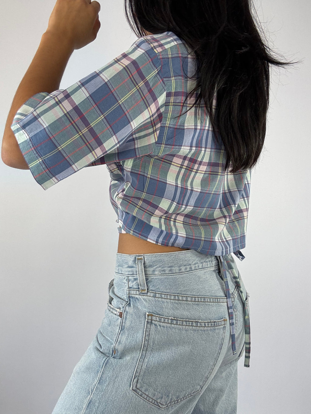 Chemisette upcyclée cache-cœur à carreaux