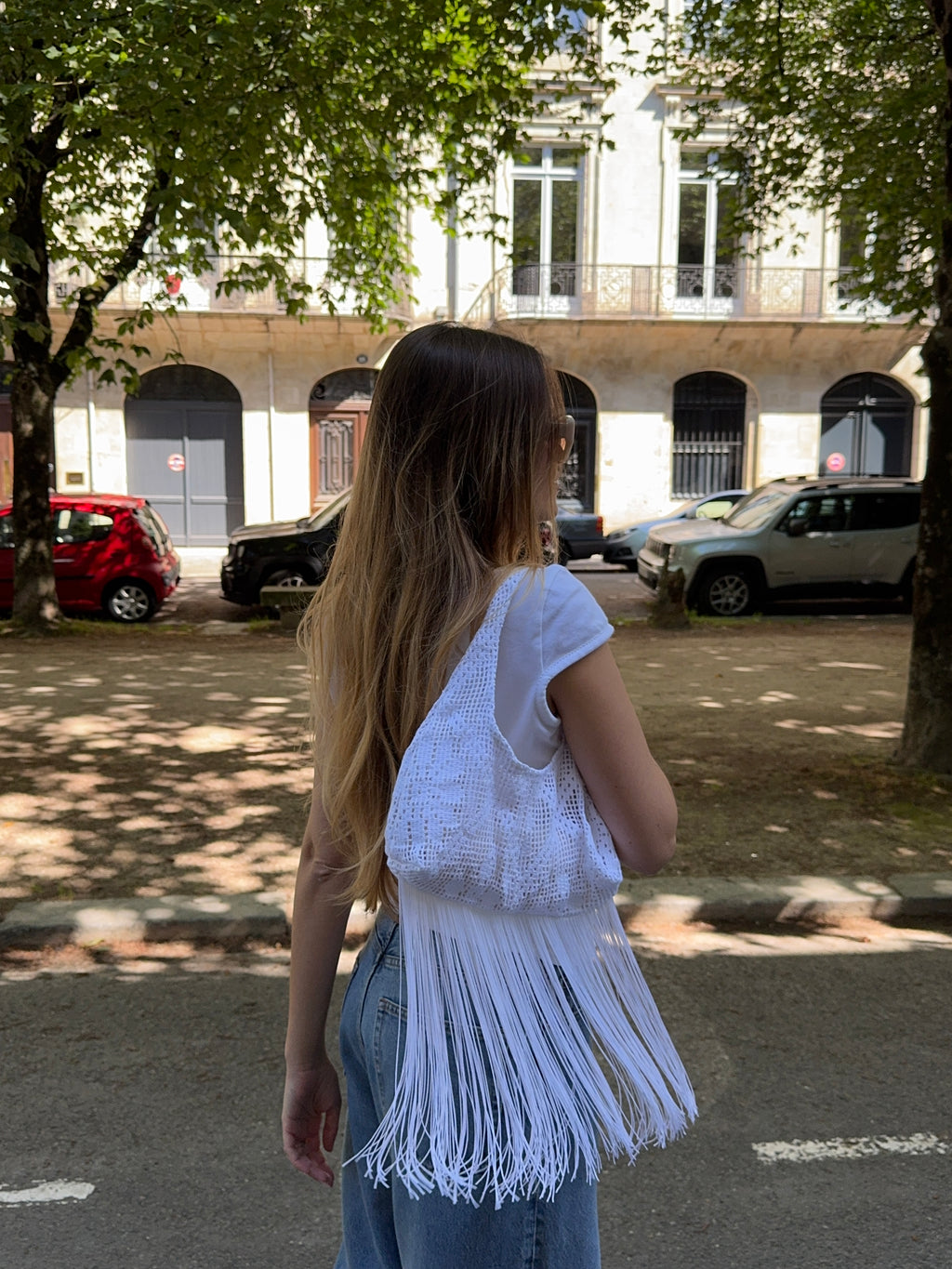 Sac upcyclé blanc à motifs et franges vintage - petit