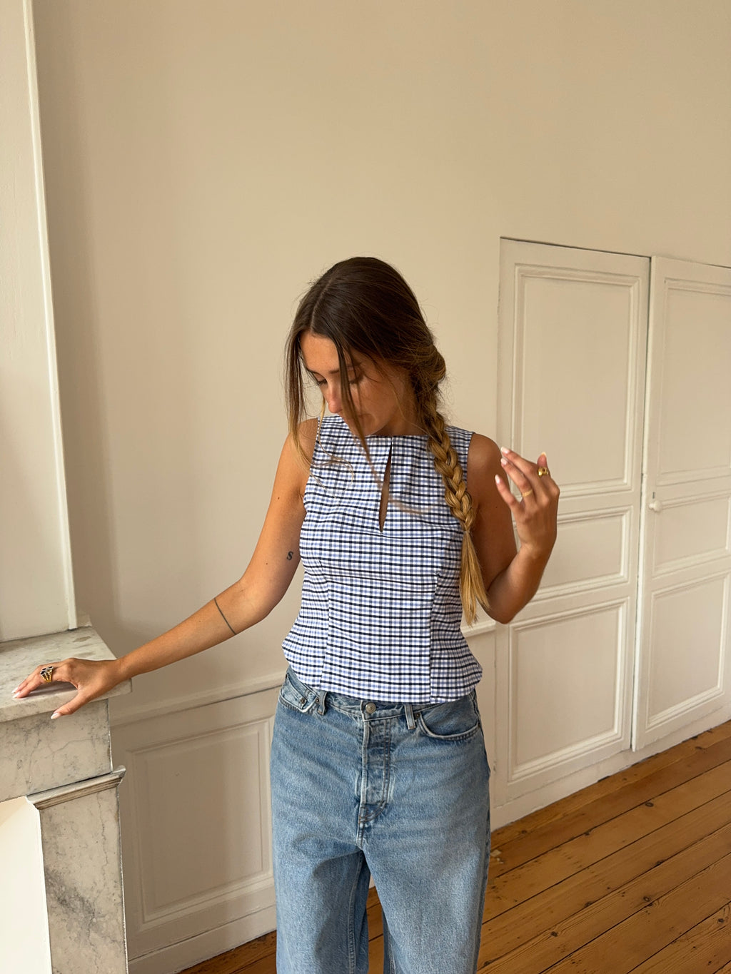 Top dos nu upcyclé à carreaux - S