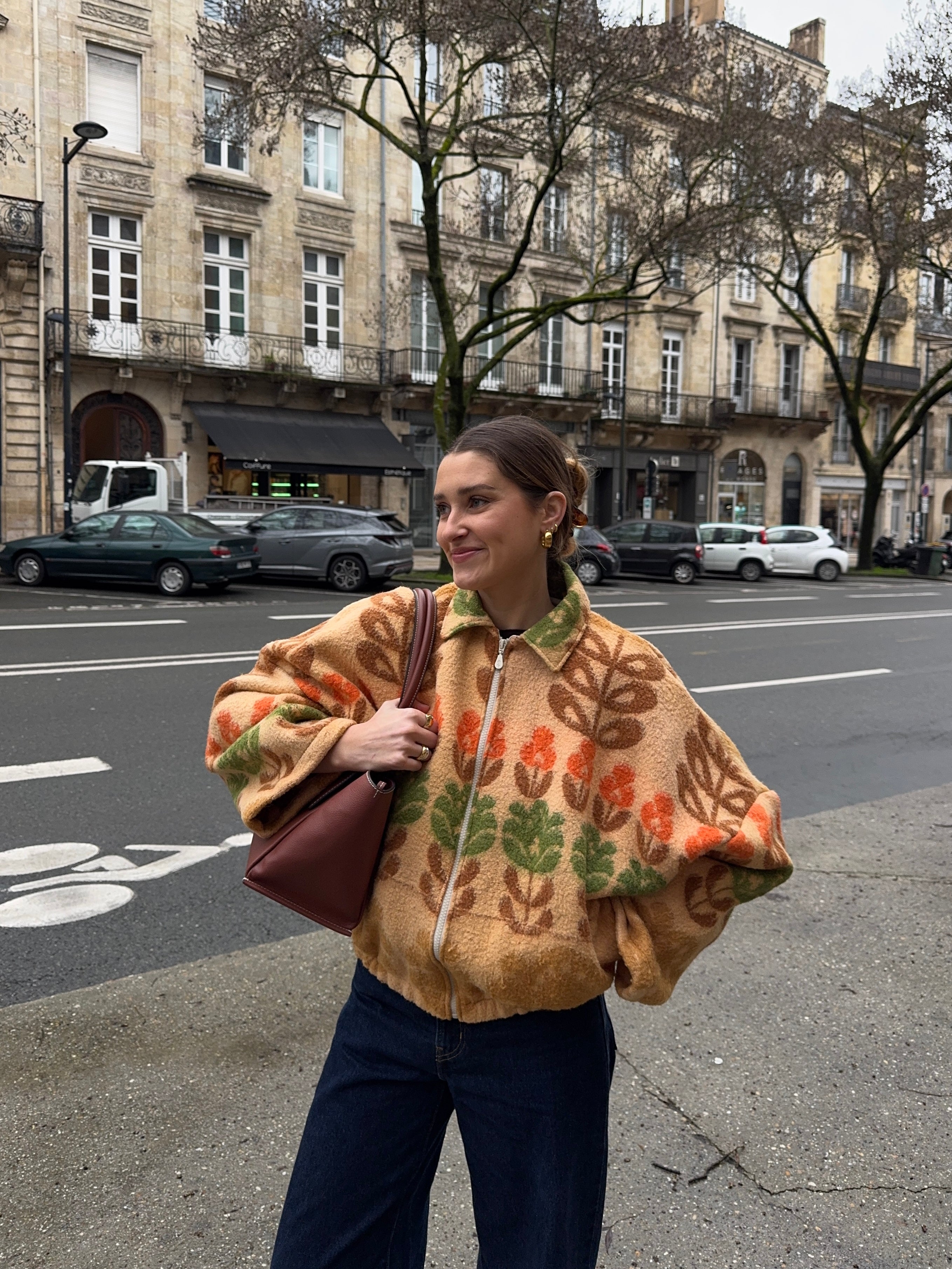 Bomber upcyclé laine beige à motifs colorés vintage
