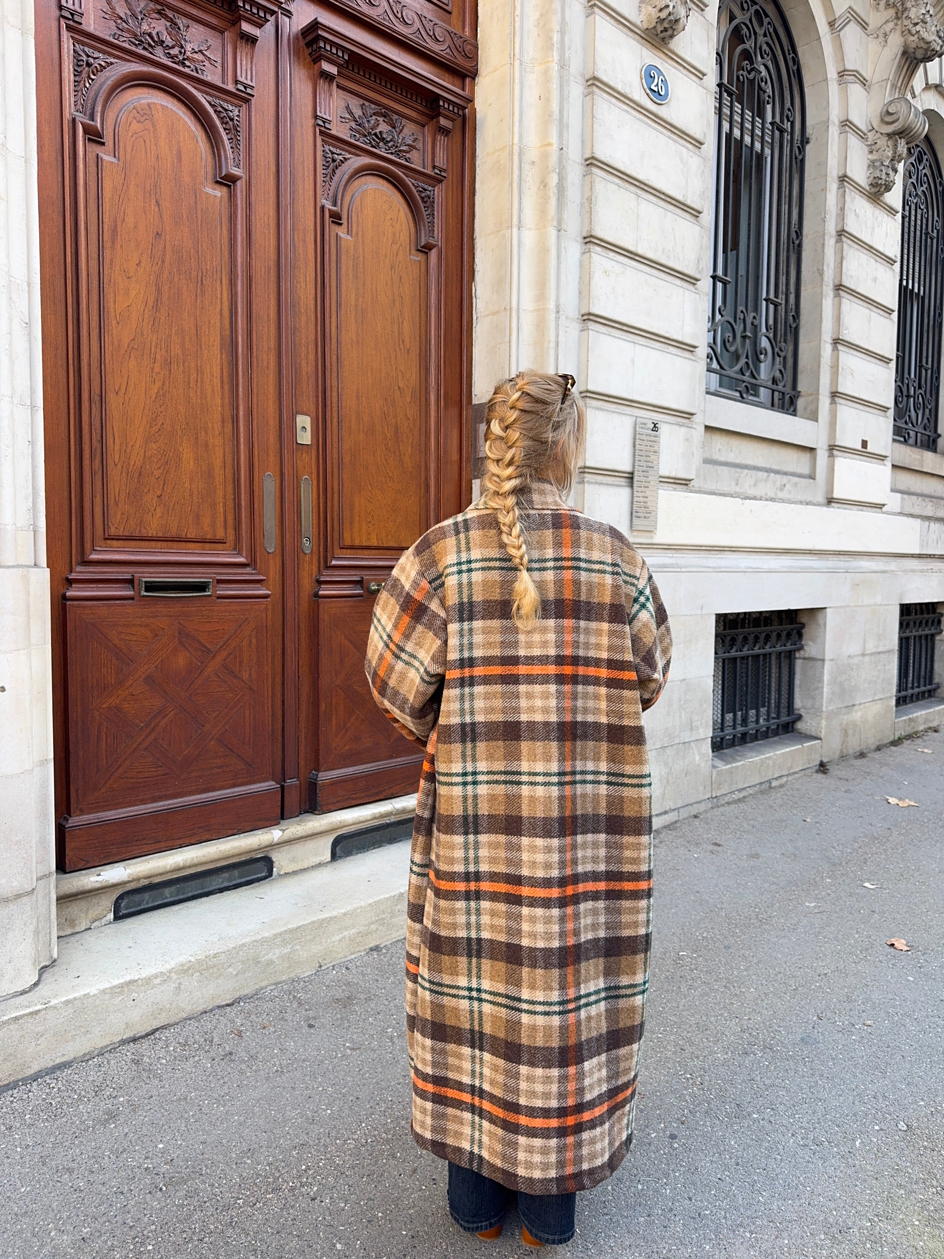Manteau long upcyclé laine à carreaux vintage