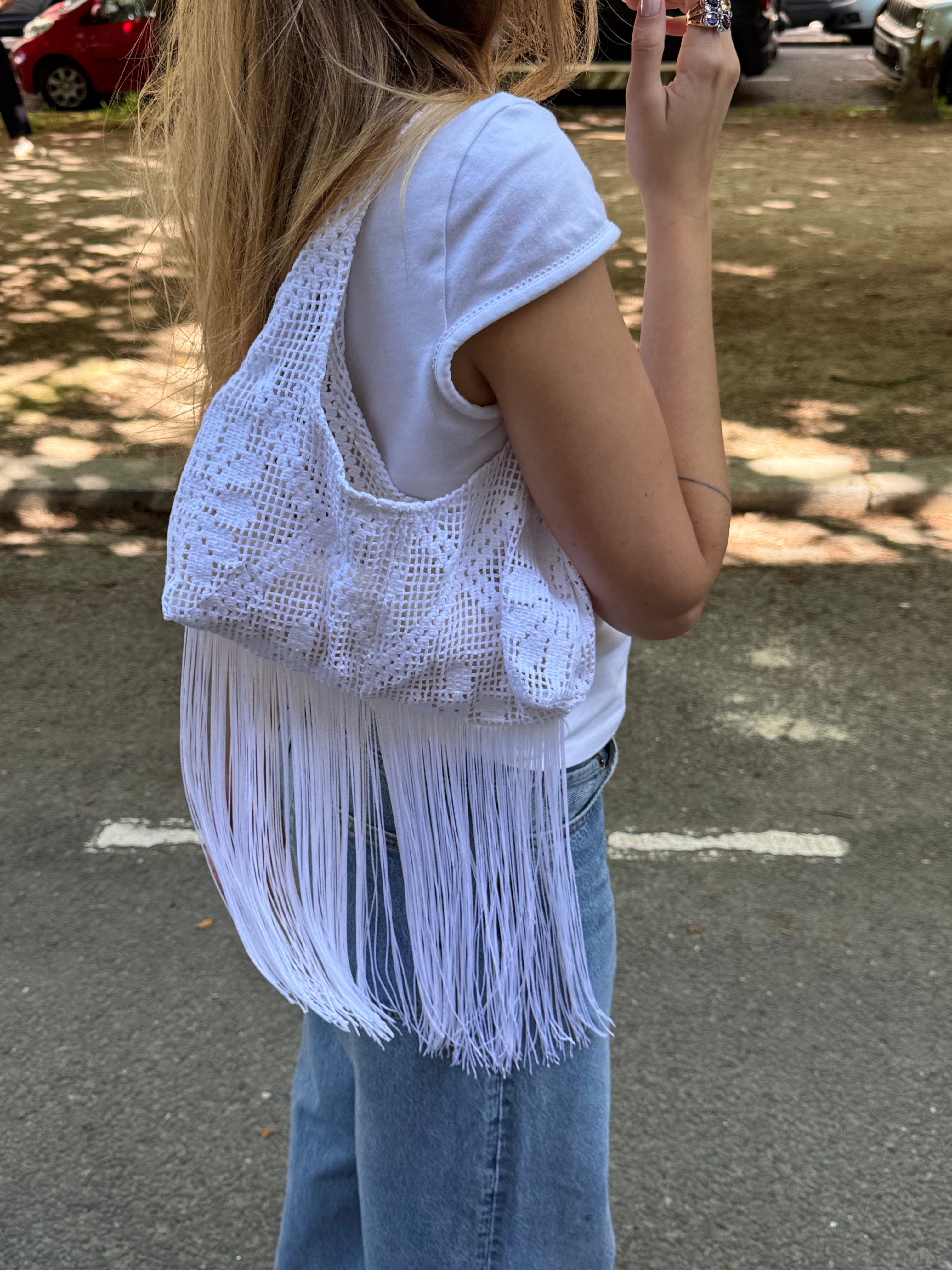 Sac upcyclé blanc à motifs et franges vintage - petit