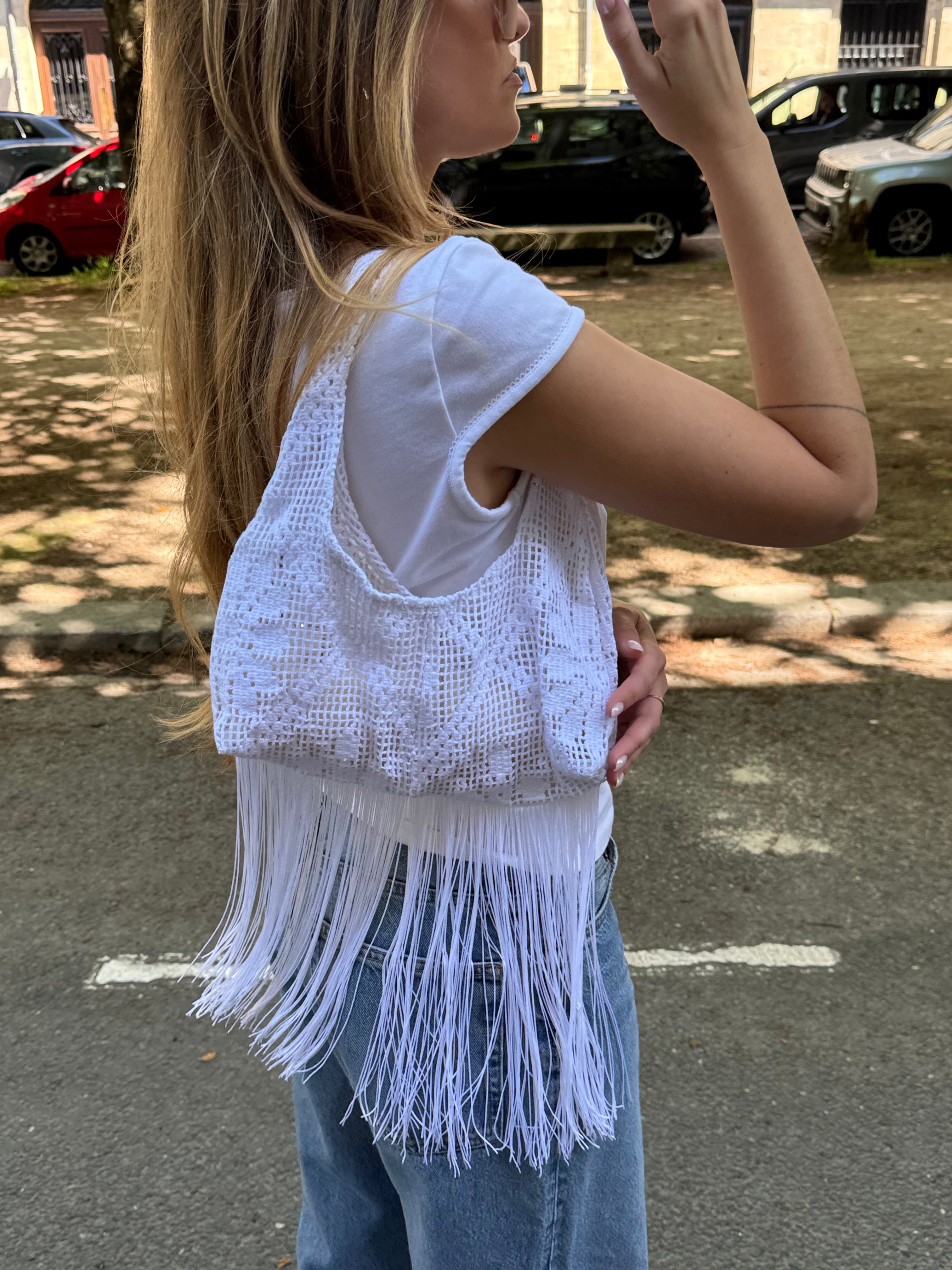 Sac upcyclé blanc à motifs et franges vintage - petit