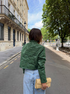 Veste courte upcyclée verte à motifs vintage