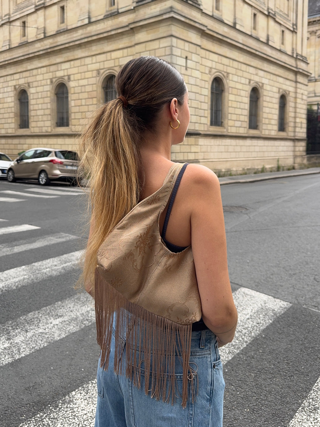 Sac upcyclé cuivré à motifs et franges vintage - petit