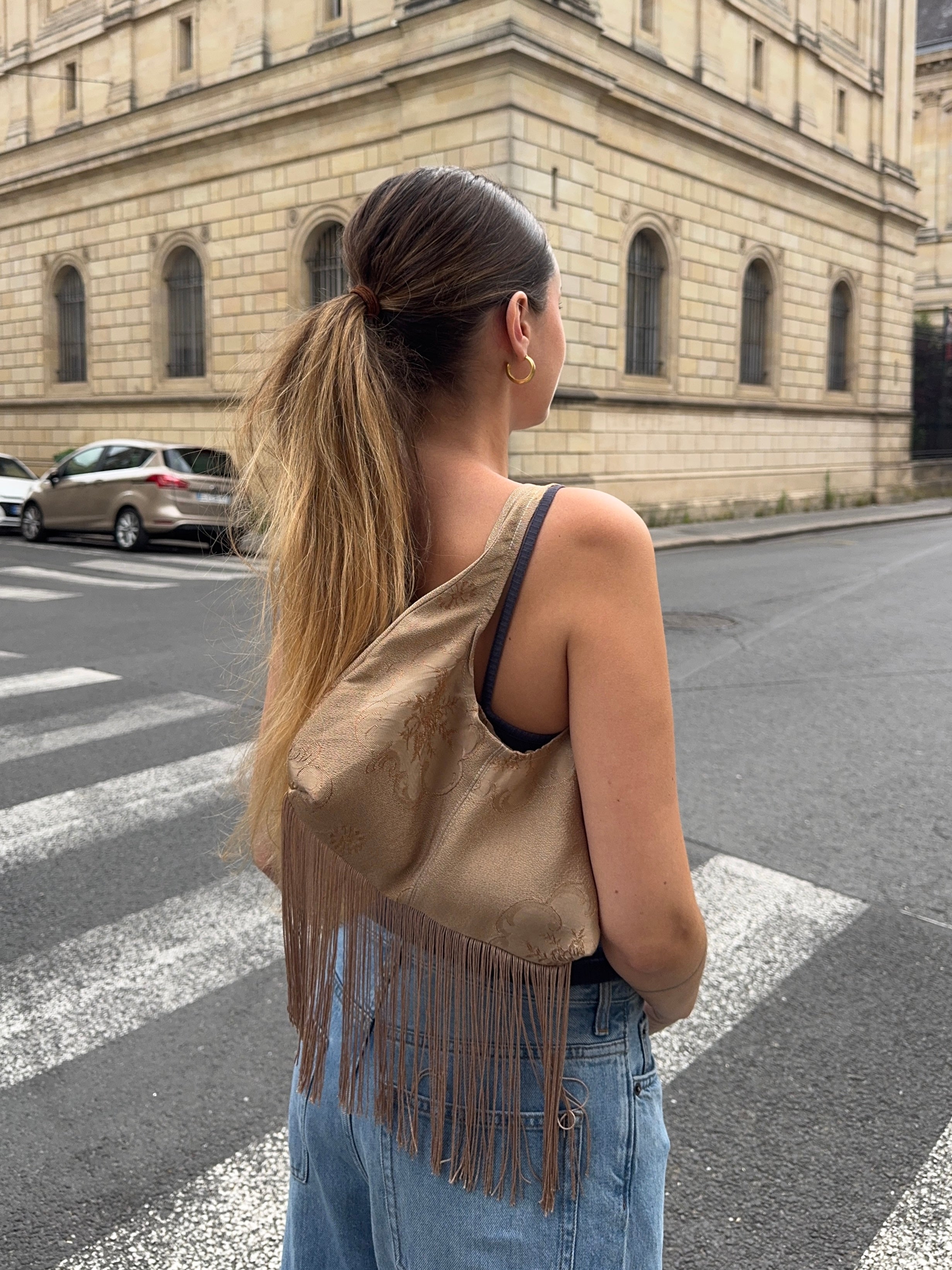 Sac upcyclé cuivré à motifs et franges vintage - petit
