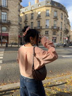 Chemise upcyclée pêche pastel + chouchou