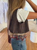Sac upcyclé cuir nubuck chocolat et perles vintage - petit