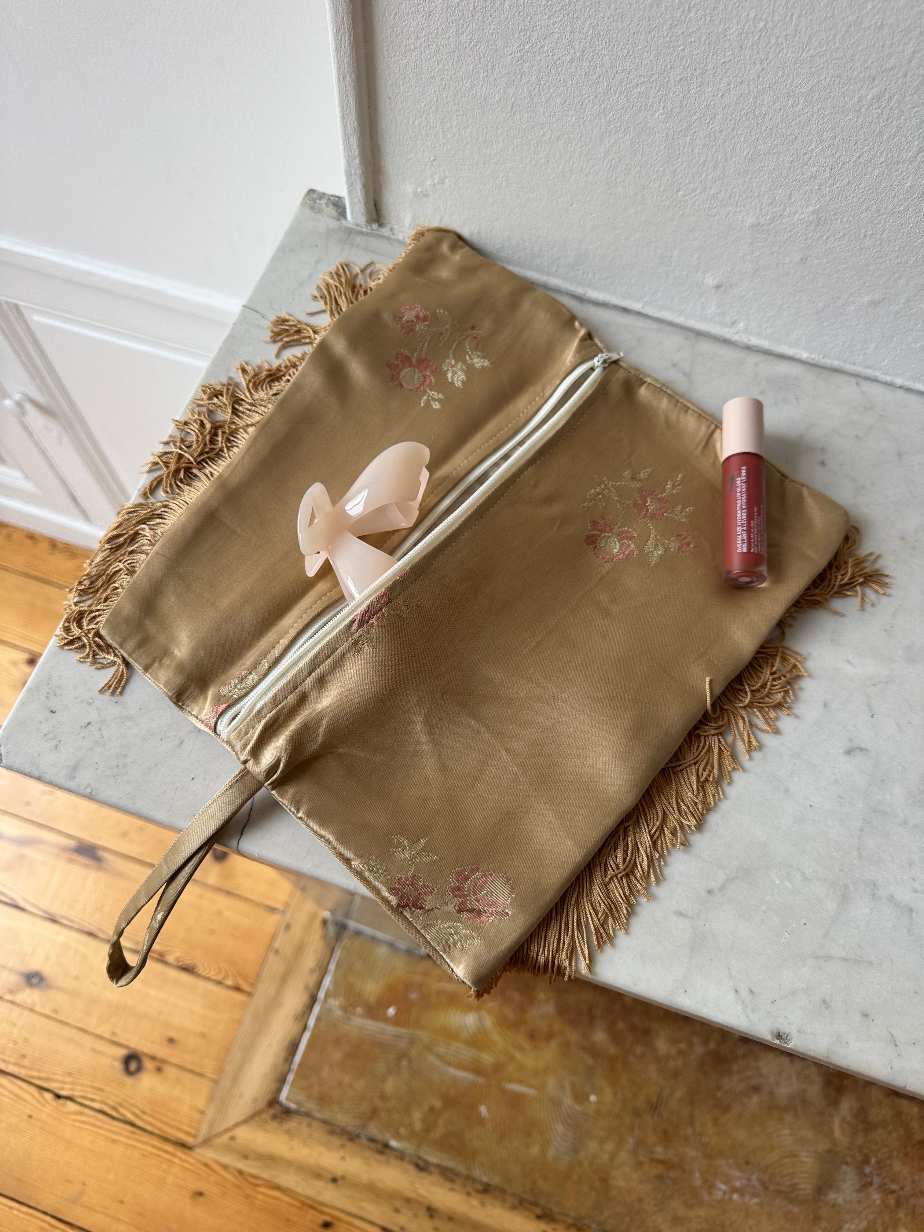 Cream satin upcycled pouch with fringe