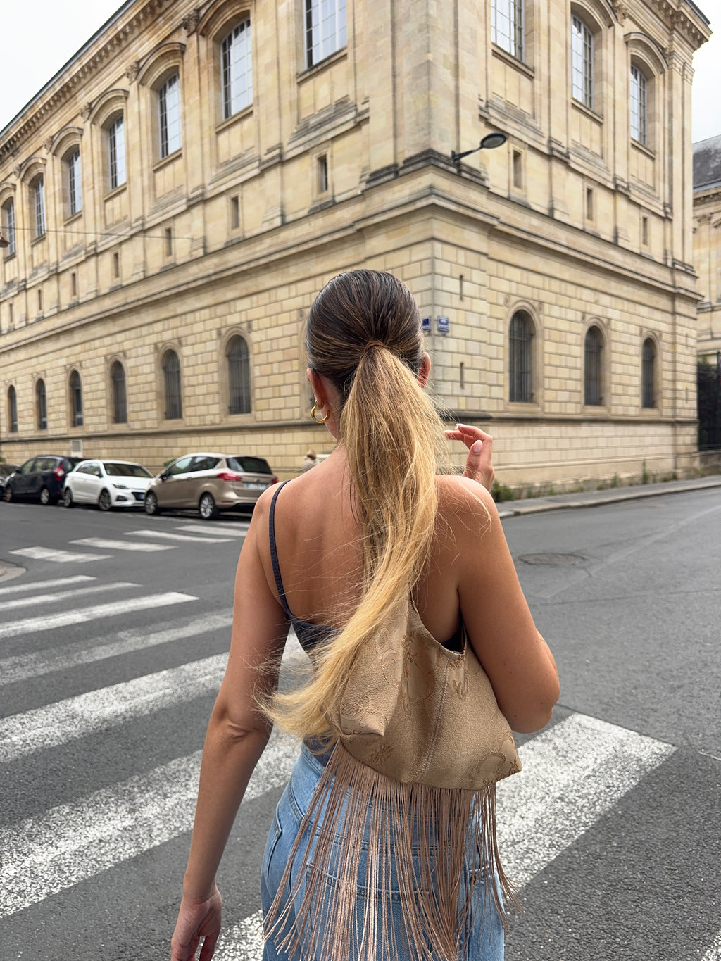 Sac upcyclé cuivré à motifs et franges vintage - petit