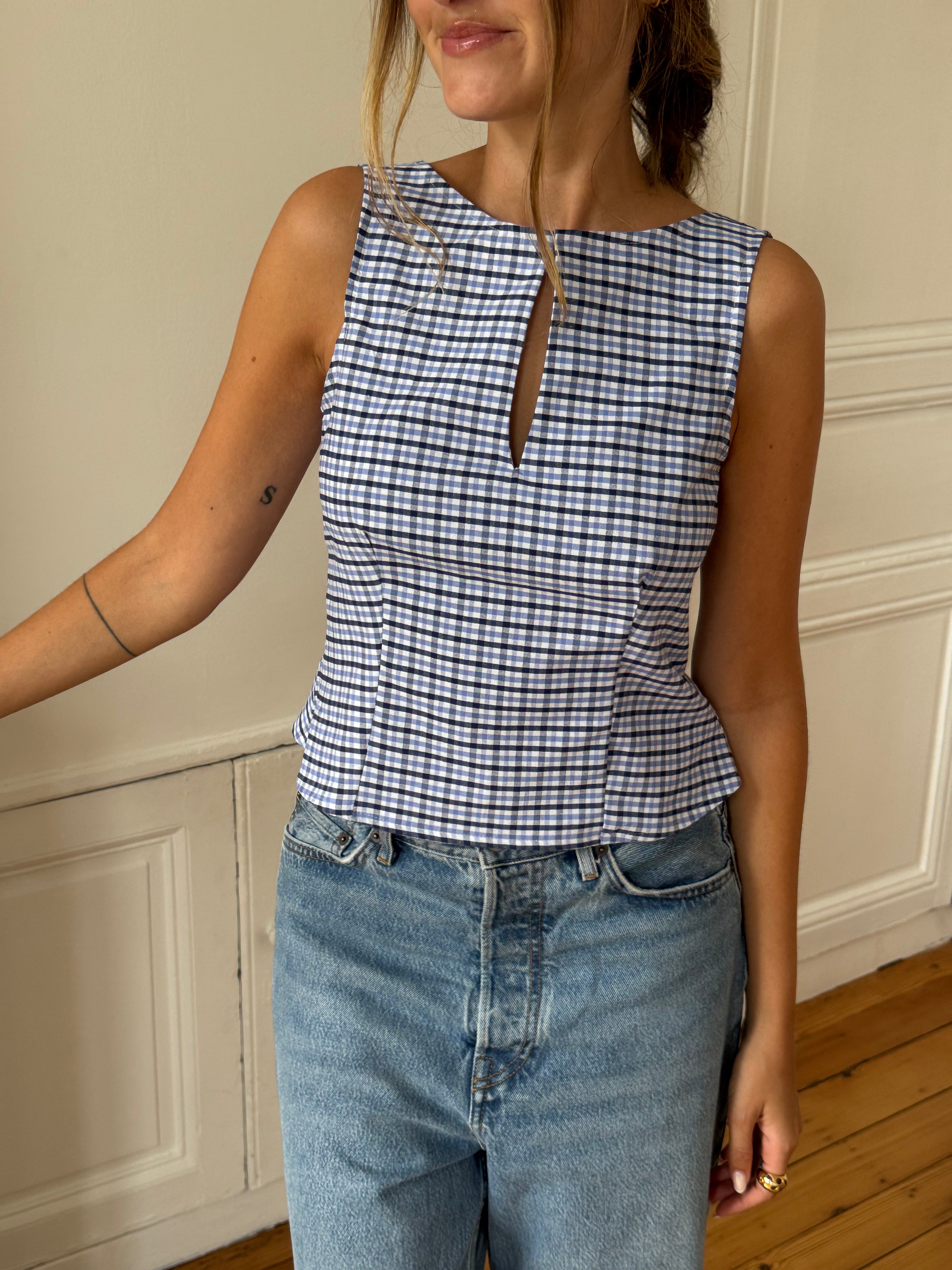 Top dos nu upcyclé à carreaux - S