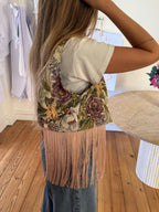 Sac upcyclé à fleurs et franges vintage - petit